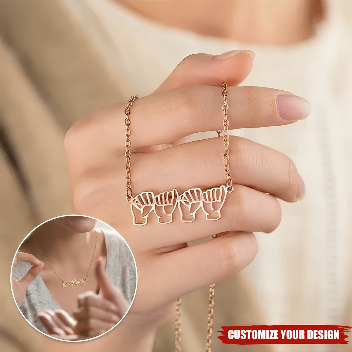 Personalized American Sign Language Necklace with Fingerspelling Name Charm Heartwarming Gift for Deaf ASL Interpreter Teacher