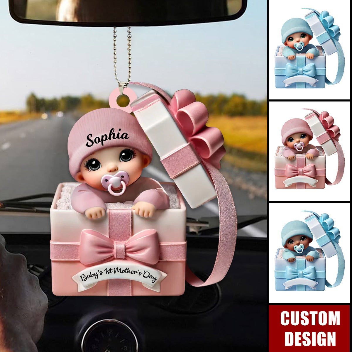 Baby Inside Gift Box Personalized Acrylic Car Ornament - Baby's First Mother's Day Gift