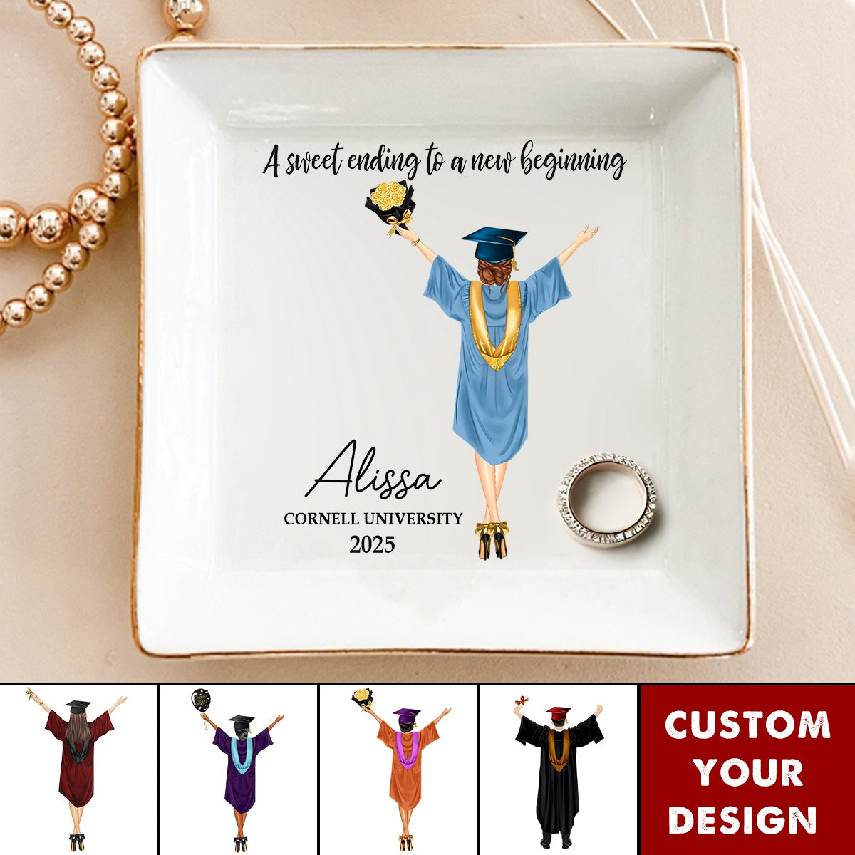 A Sweet Ending To A New Beginning - Personalized Jewelry Dish - Graduation Gift