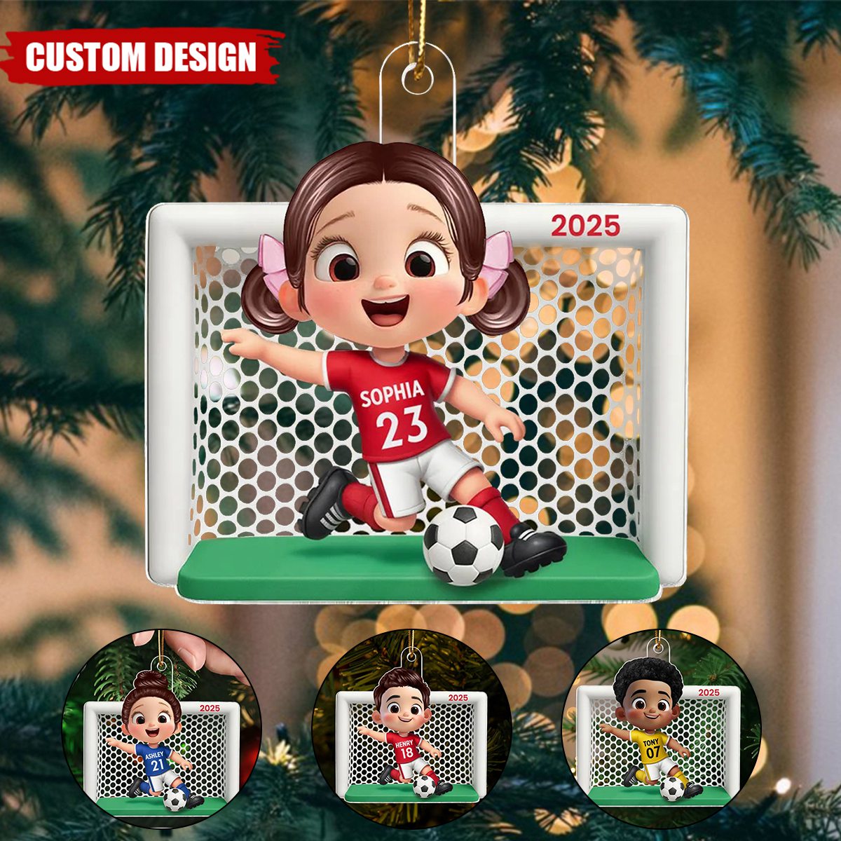 Boy Girl Soccer Player Personalized 2D Flat Acrylic Ornament, Christmas Gift