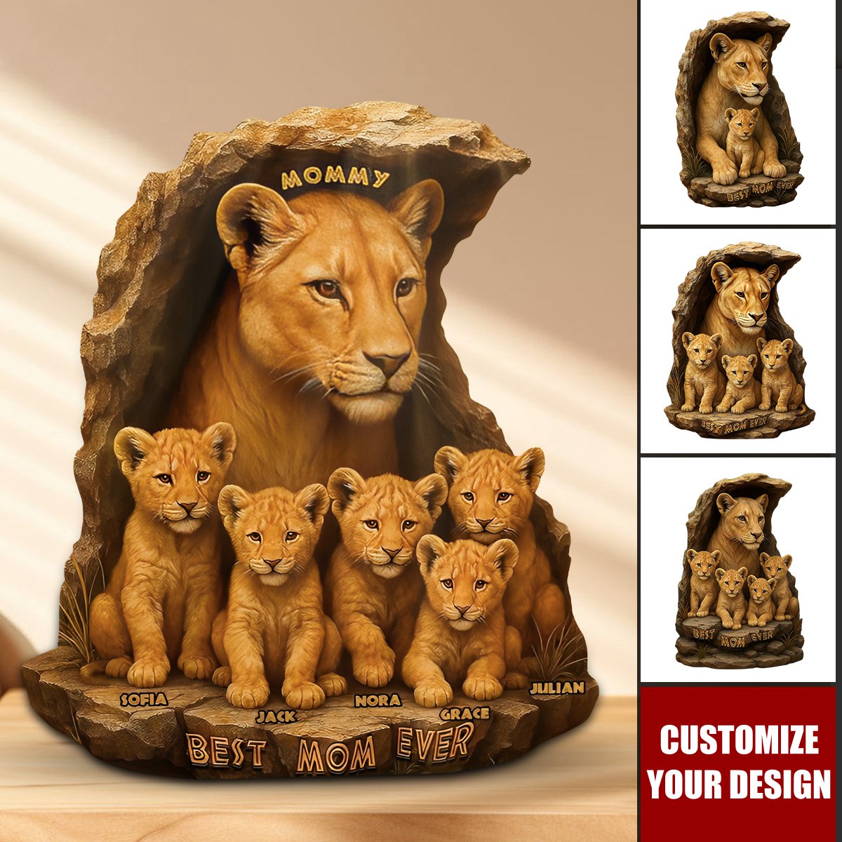 Personalized Gift For Mom Plaque, Lion Mom & Little Cubs