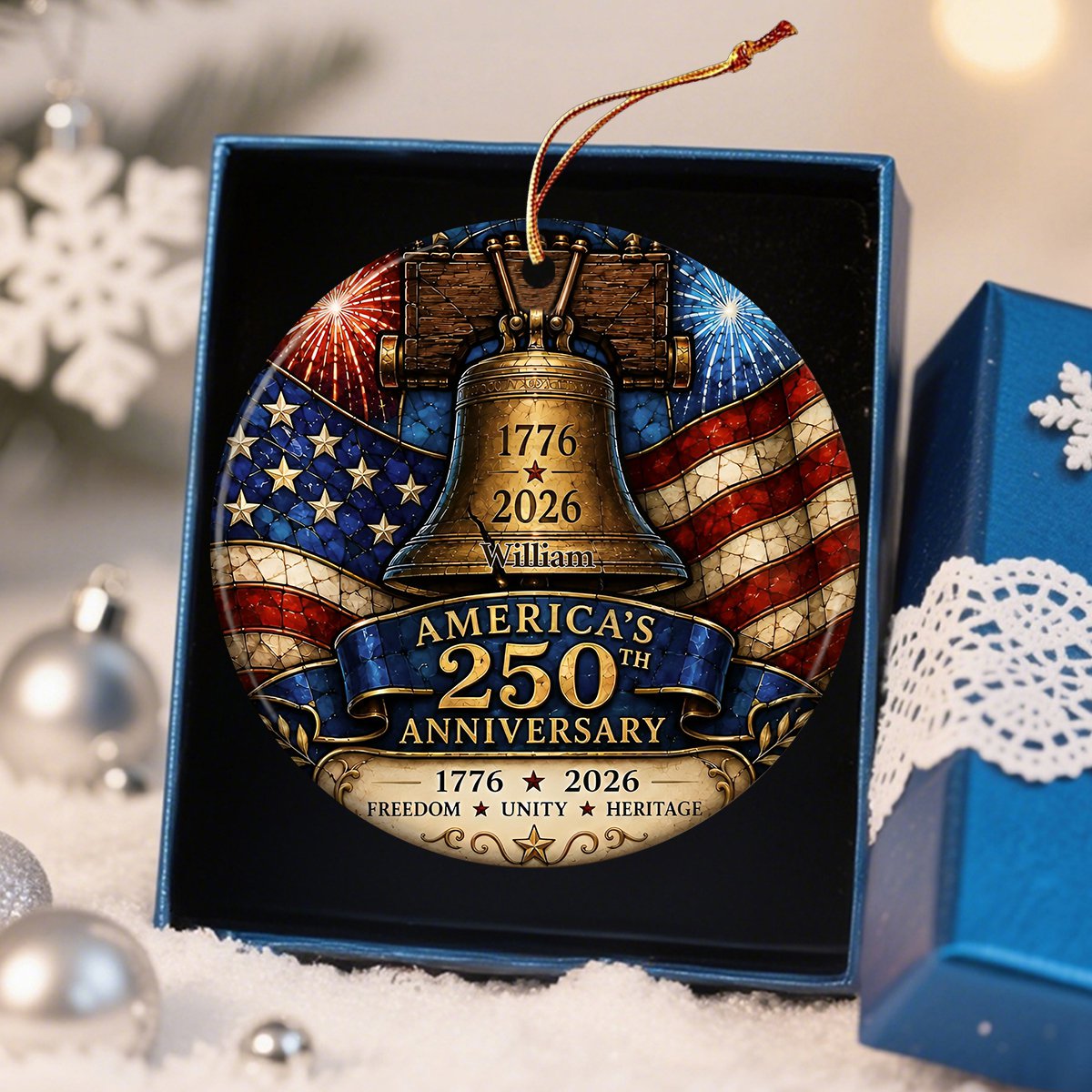 Personalized America 250th Anniversary Ornament, 1776-2026 Liberty Bell Ornament, Patriotic Christmas Tree Decor