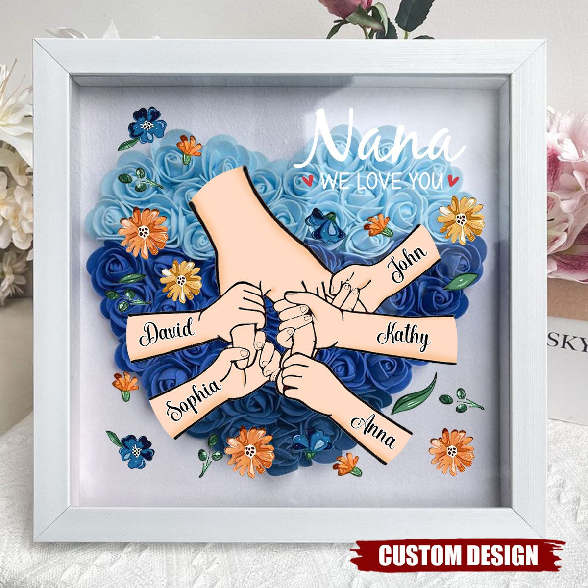 Grandma We Love You - Personalized Flower Shadow Box With Name, Mother's Day Gift