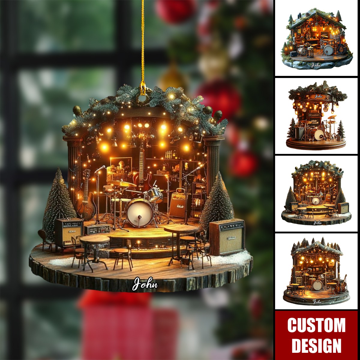 Personalized Rustic Musician Christmas Ornament, Mini Band Cabin With Instruments & Holiday Lights