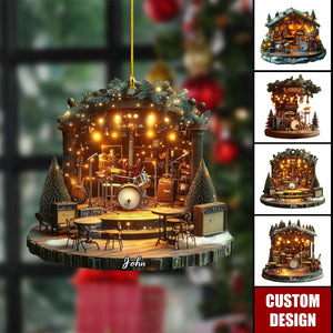 Personalized Rustic Musician Christmas Ornament, Mini Band Cabin With Instruments & Holiday Lights