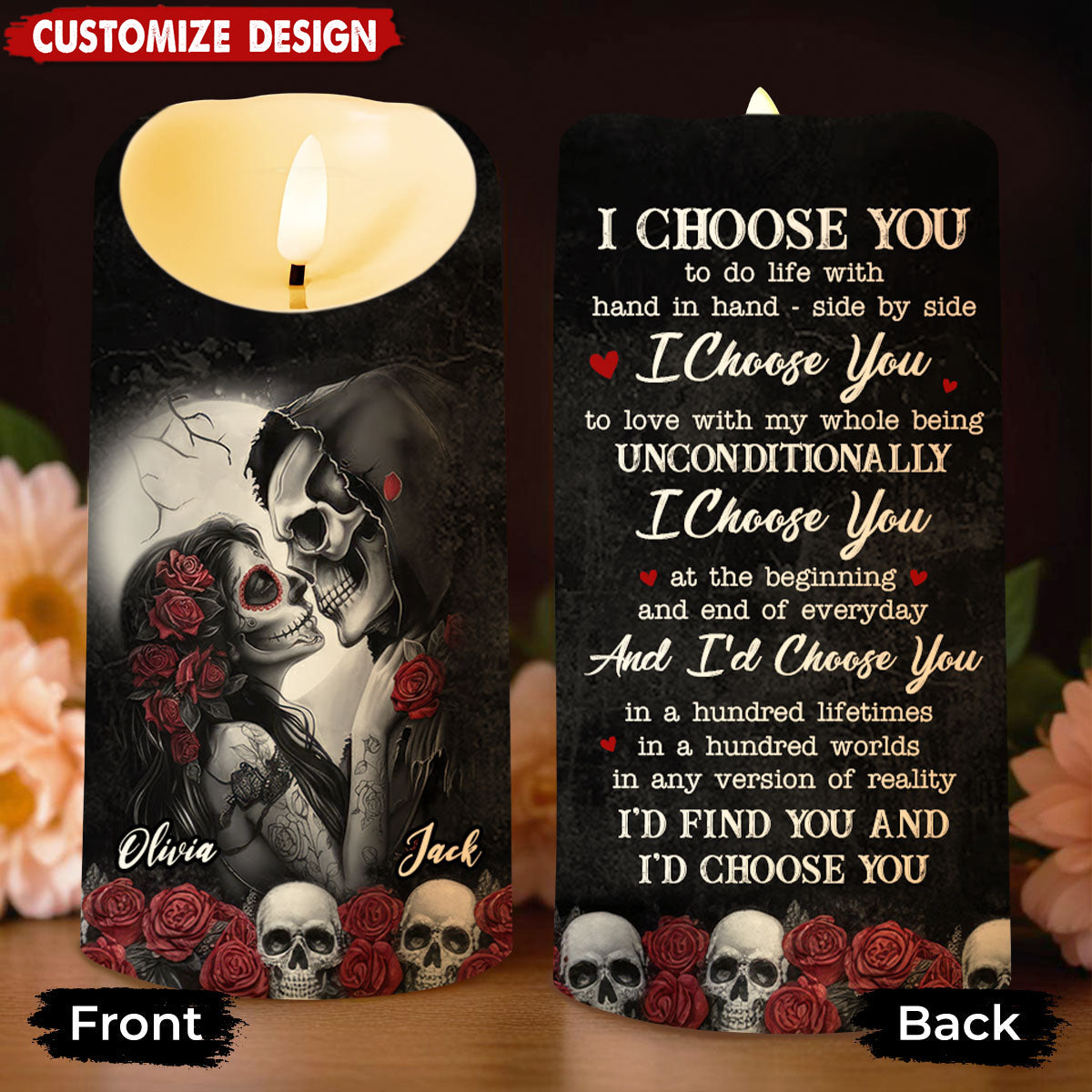 I Choose You, Skulls and Roses, LED Candle, Gift for Spouse and Partner