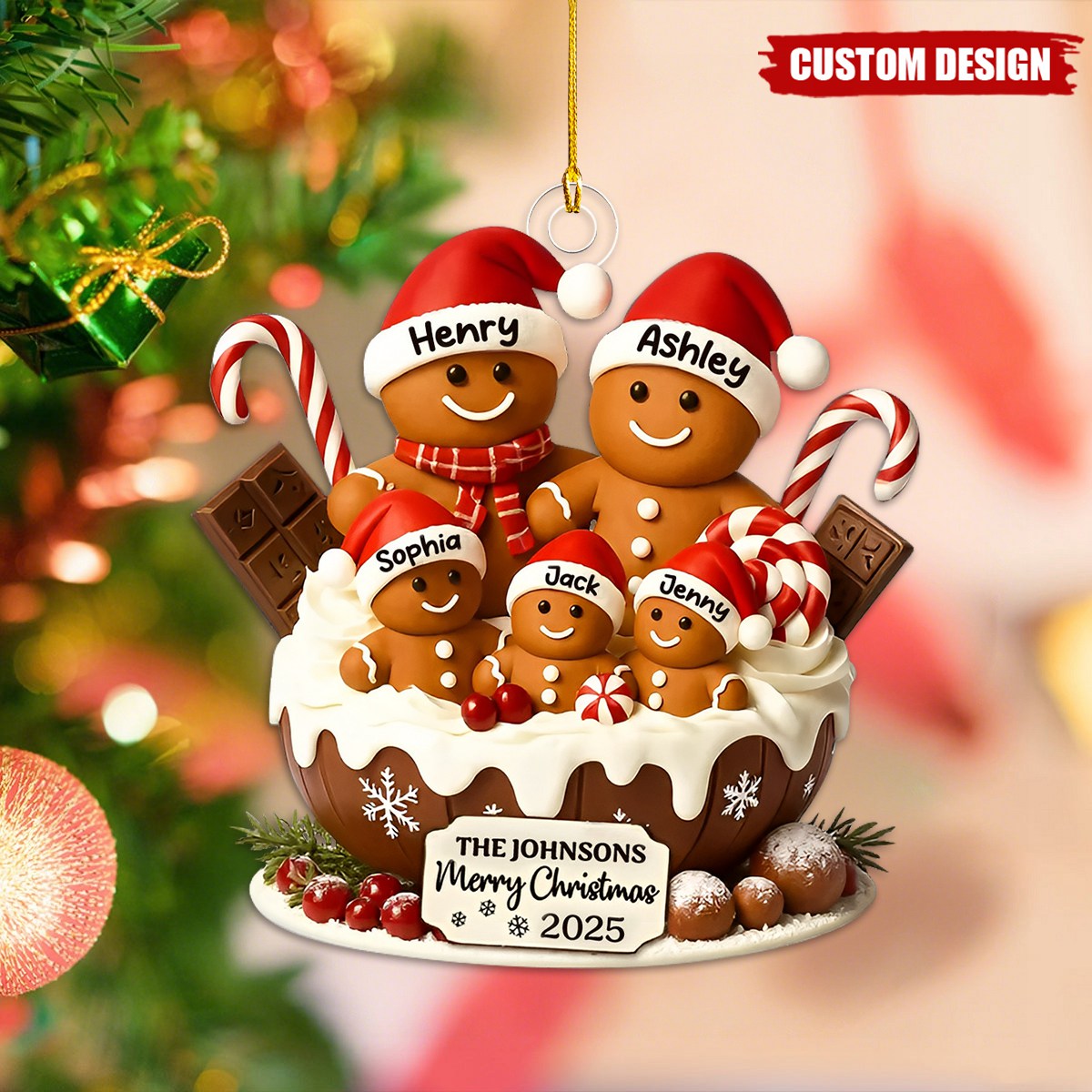 Gingerbread Family Holiday Delight Personalized Acrylic Ornament, Christmas Tree Decor, 2025 Family Ornament