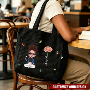 Personalized Cartoon Character Birth Flower Large Capacity Corduroy Tote Bag