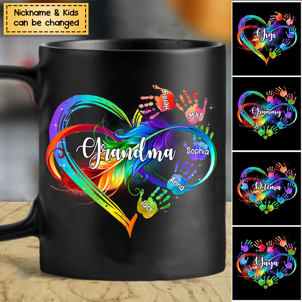 Personalized Grandma Grandkids Infinity Heart Hand Prints Black Mug