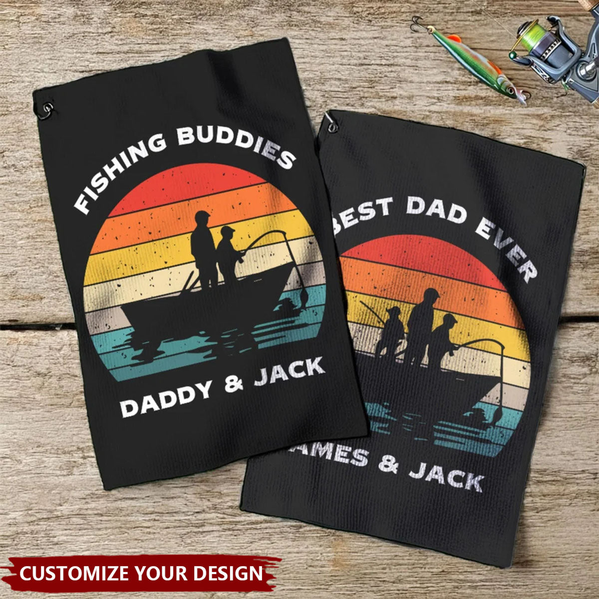 Personalized Fisherman 1-3 Kids Silhouette Soft Waffle Towel with Text and Hook Gift for Fishing Man Dad