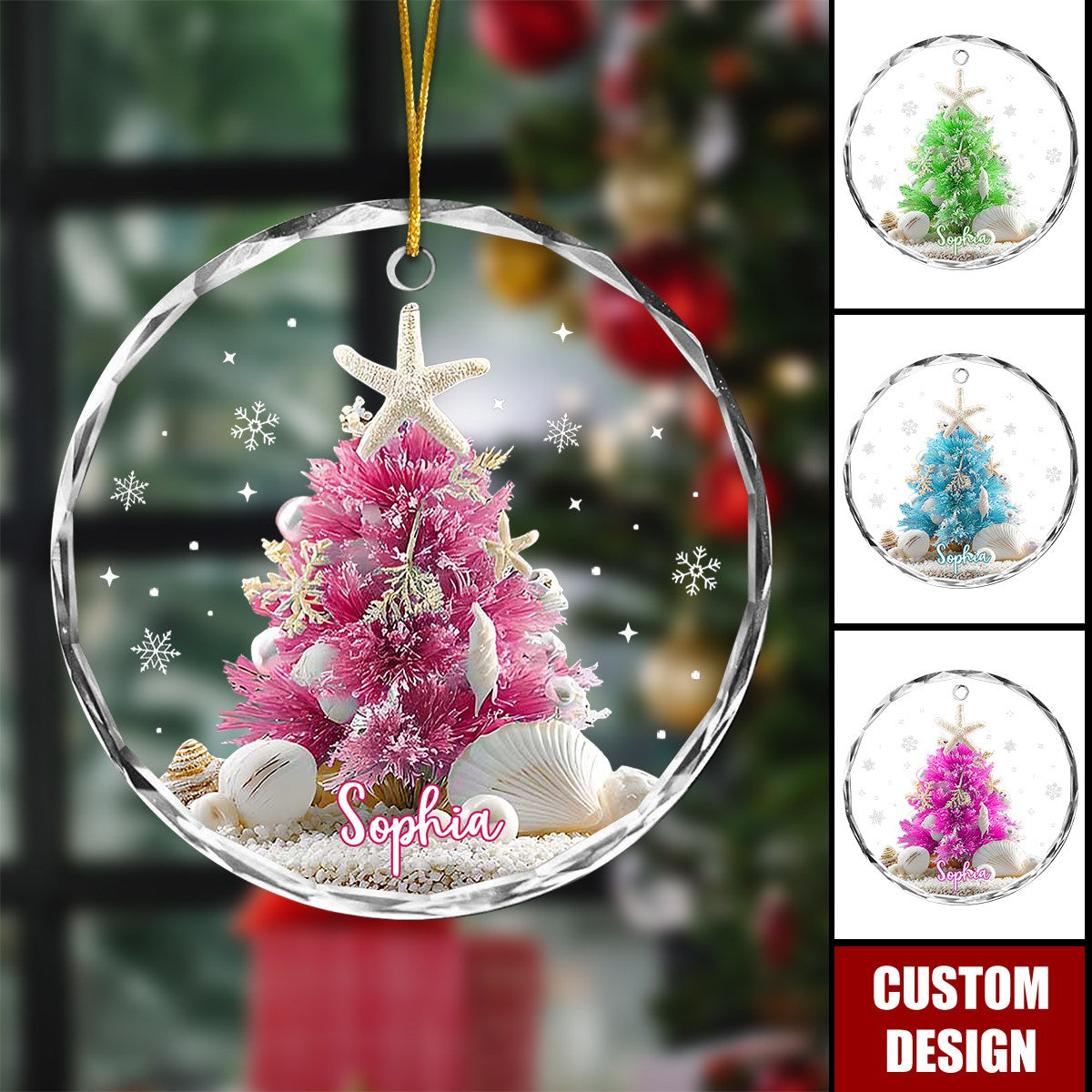 Personalized Sea Theme Christmas Ornament, Coastal Blue Tree With Seashells & Starfish