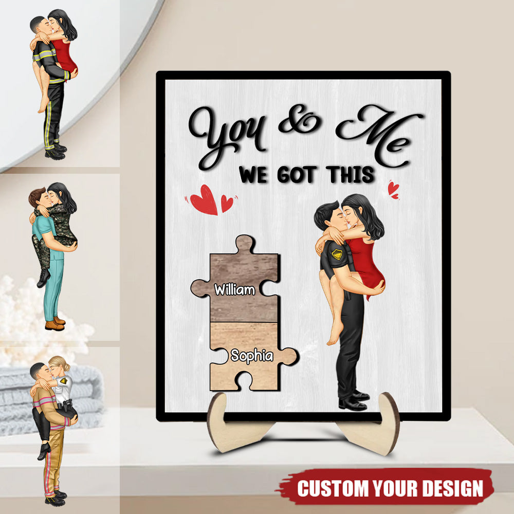 Personalized Couple Kissing Occupation 2-Layer Wooden Plaque - Gift For Couples, Nurse, Firefighter, Police Officer