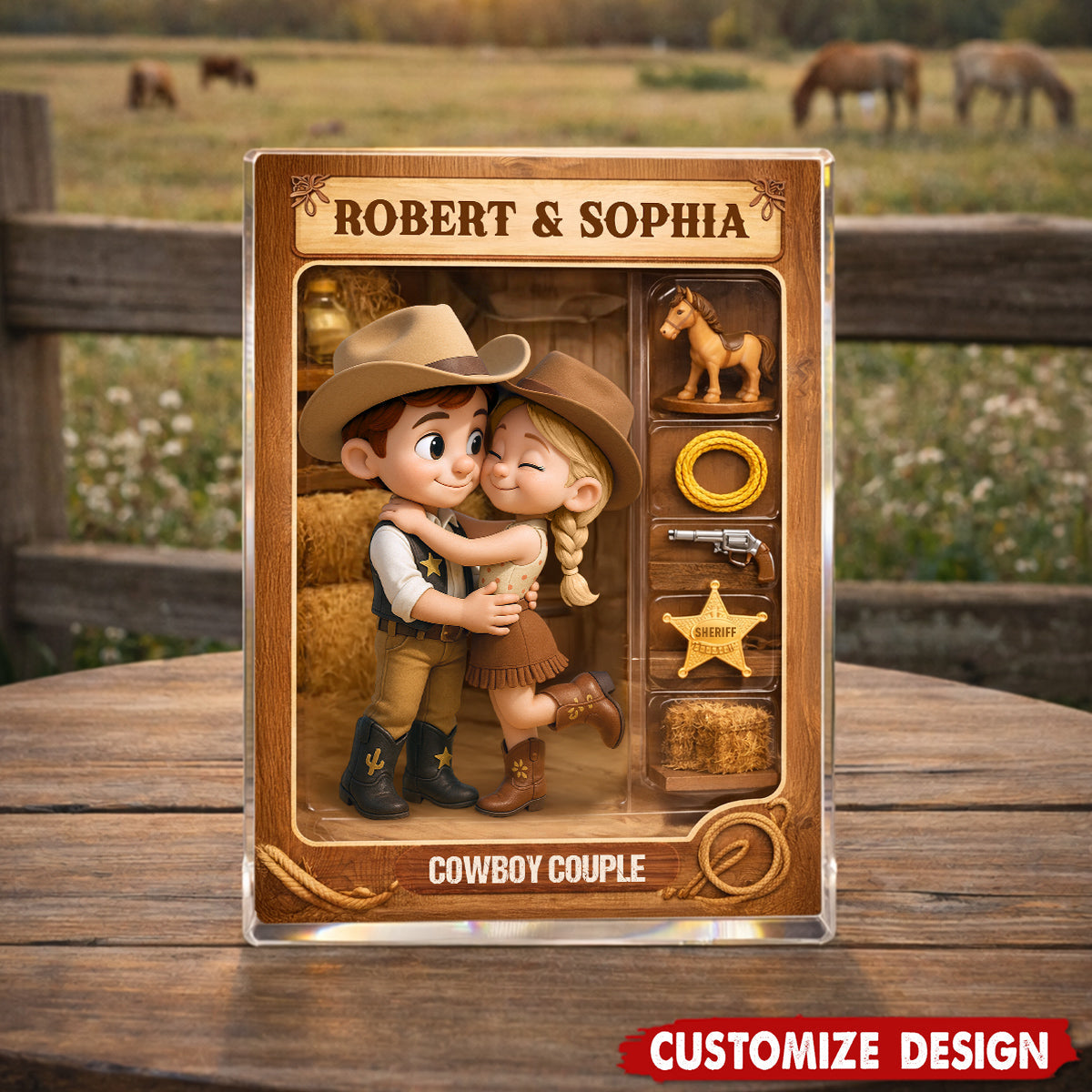 Countryside Couple Cowboy Cowgirl Action Figure - Personalized Acrylic Block Plaque
