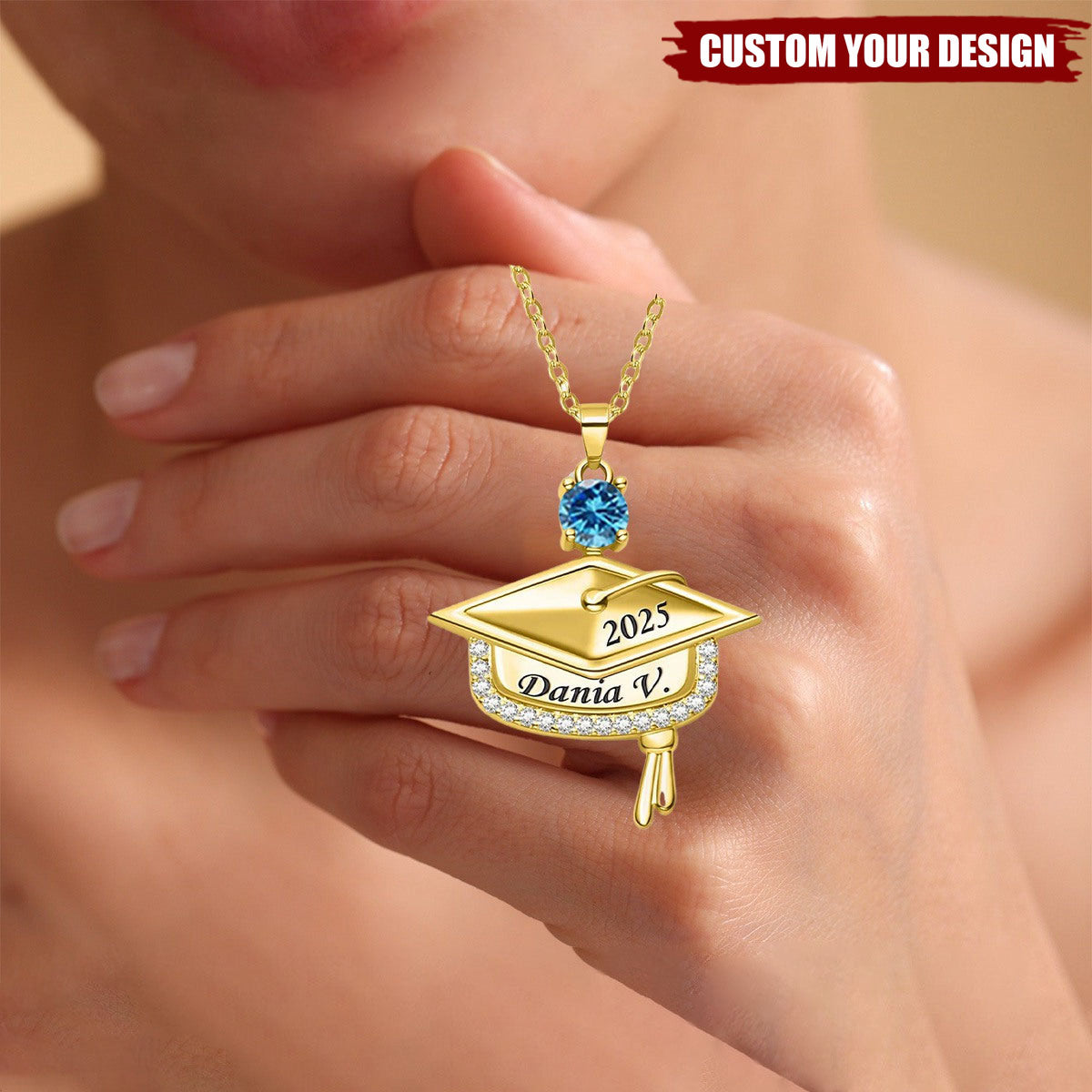 Personalized Dainty Graduation Cap Birthstone Necklace with Engraved Name and Year Graduation Birthday Gift for Graduates