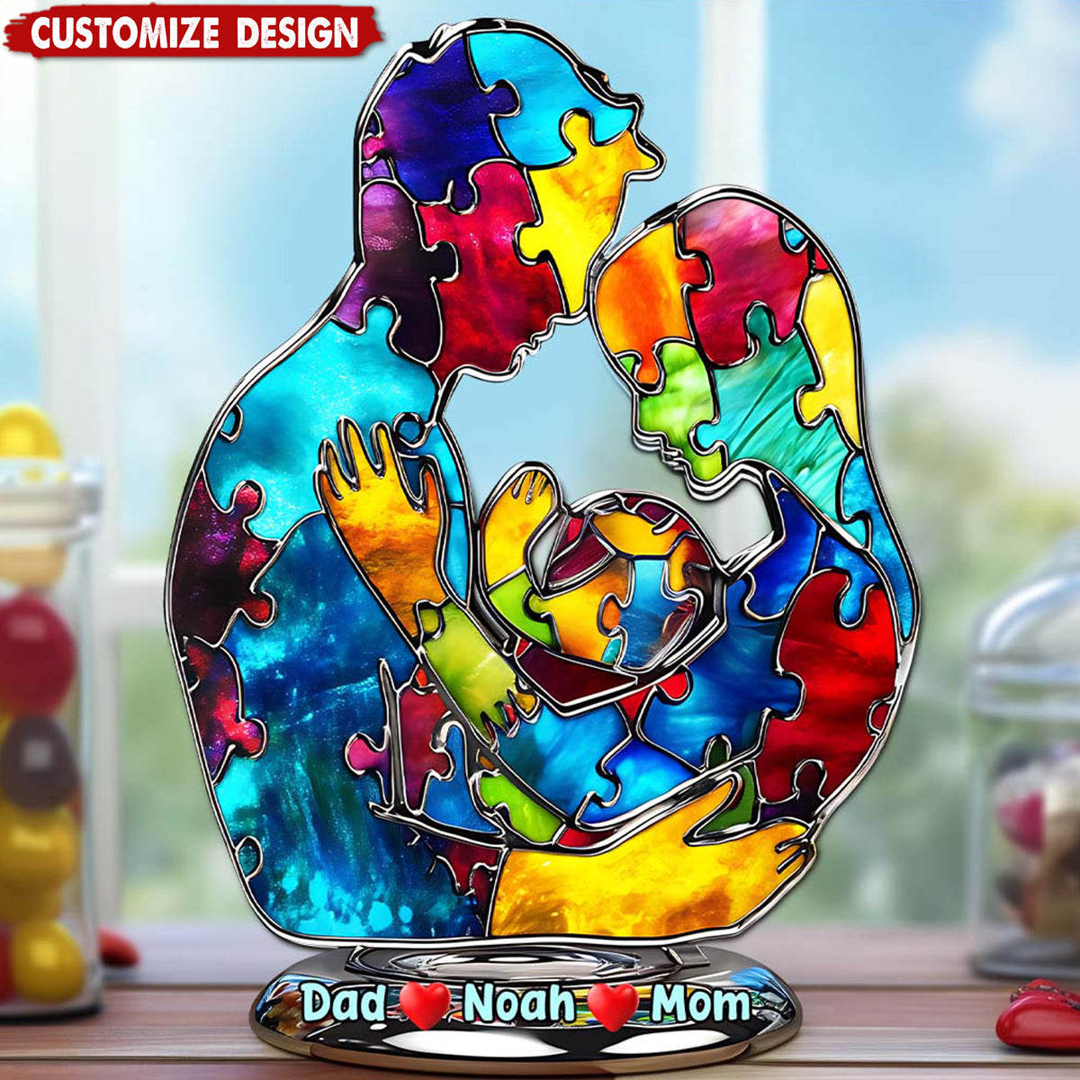 Autism Family Hugging - Personalized Autism Awareness Shaped Acrylic Plaque