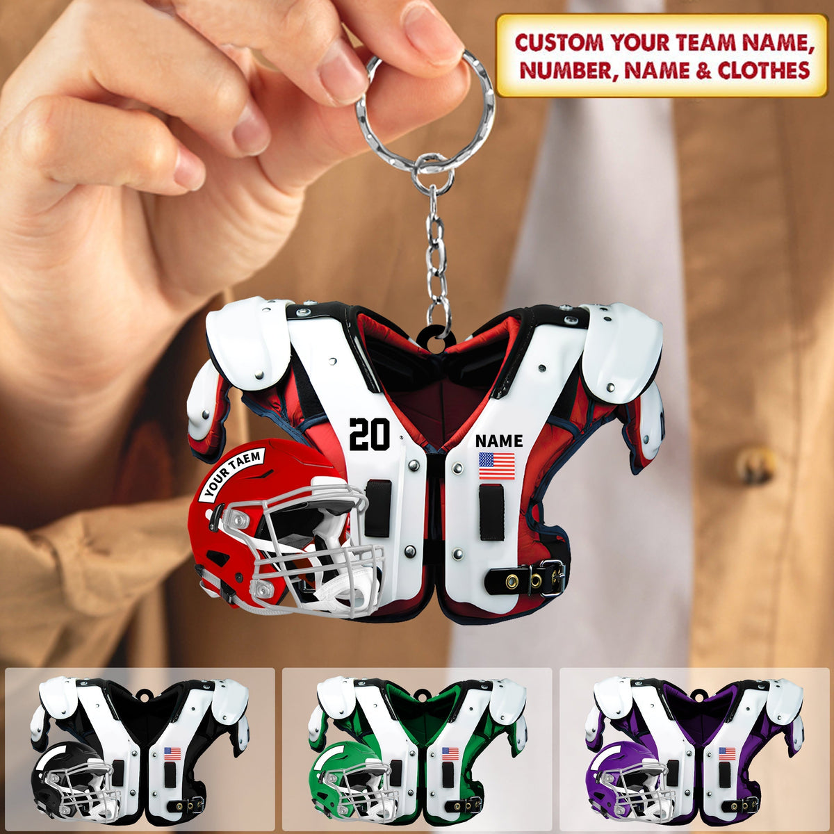 2024 New Release Personalized American Football Shoulder Pads And Helmet Acrylic Keychain