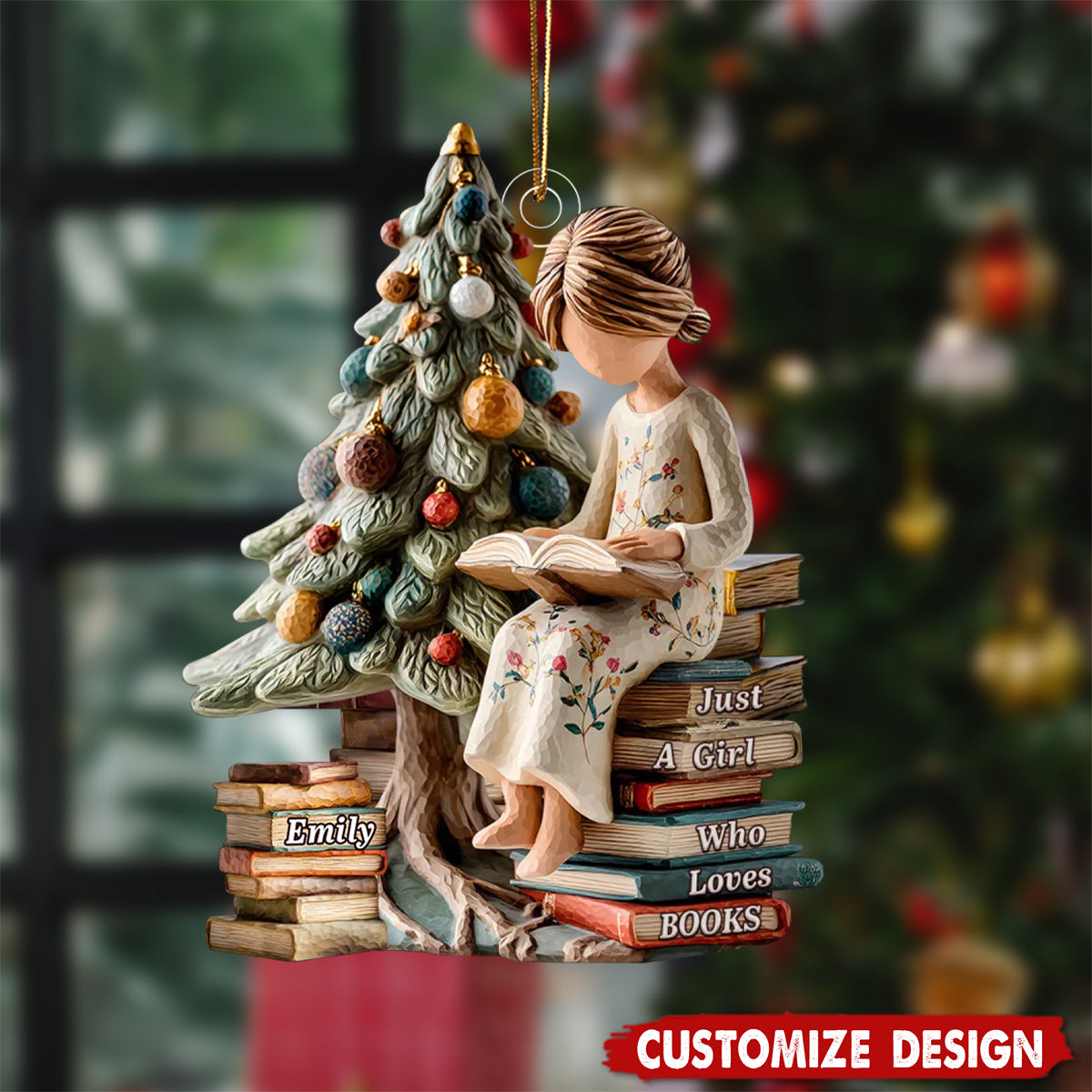 Personalized Girl Reading Book Christmas Scene Acrylic Ornament Christmas Gift For Book Lovers