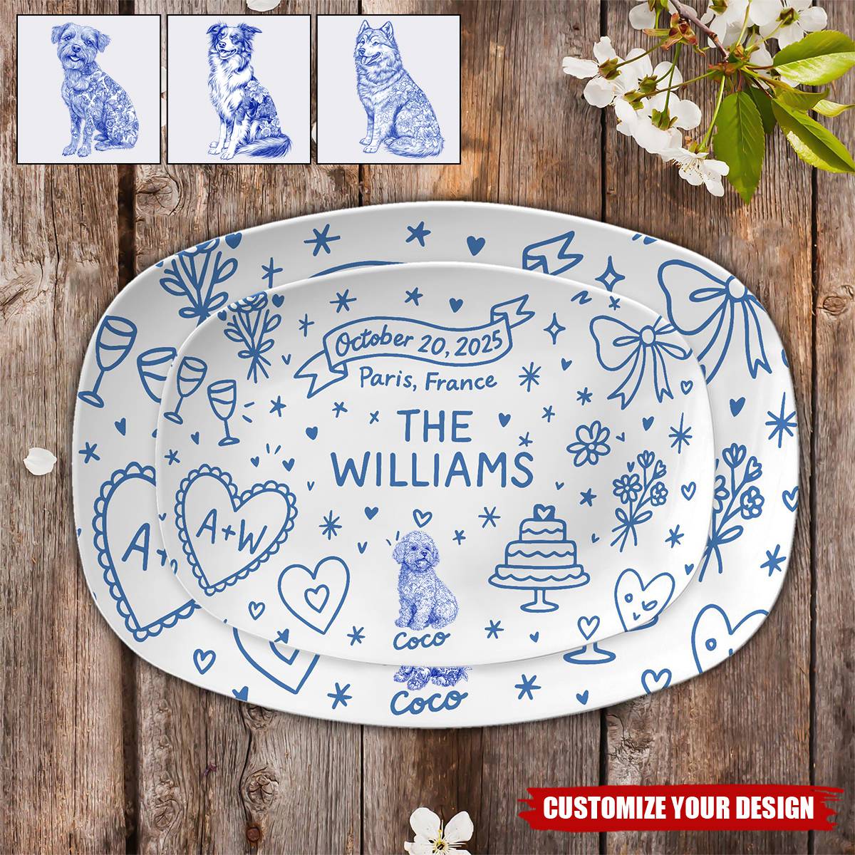 Custom Wedding Platter – Personalized Couple Gift with Names, Dog, Date & Location