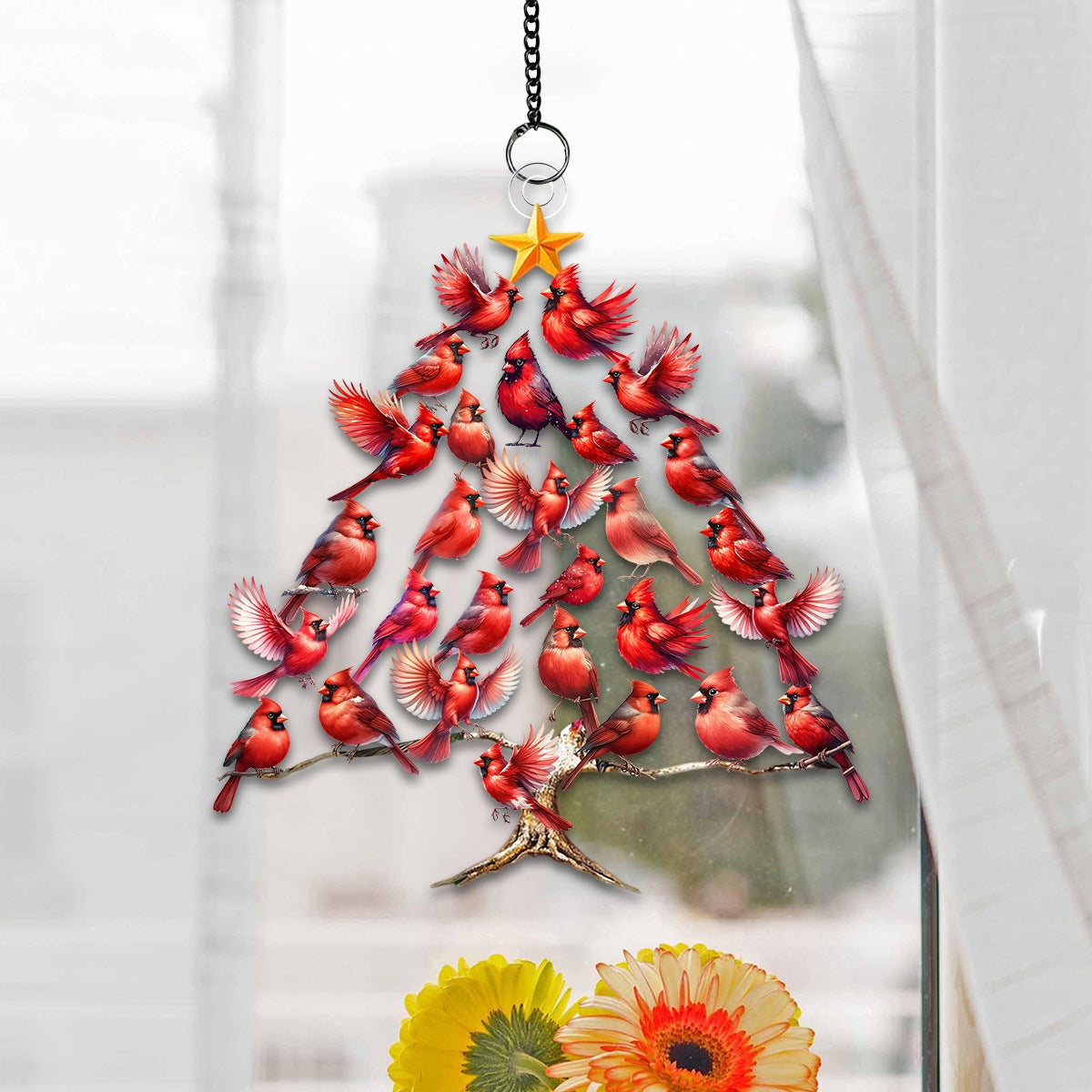 Cardinal Tree Window Suncatcher Ornament - Gift For Bird Lovers
