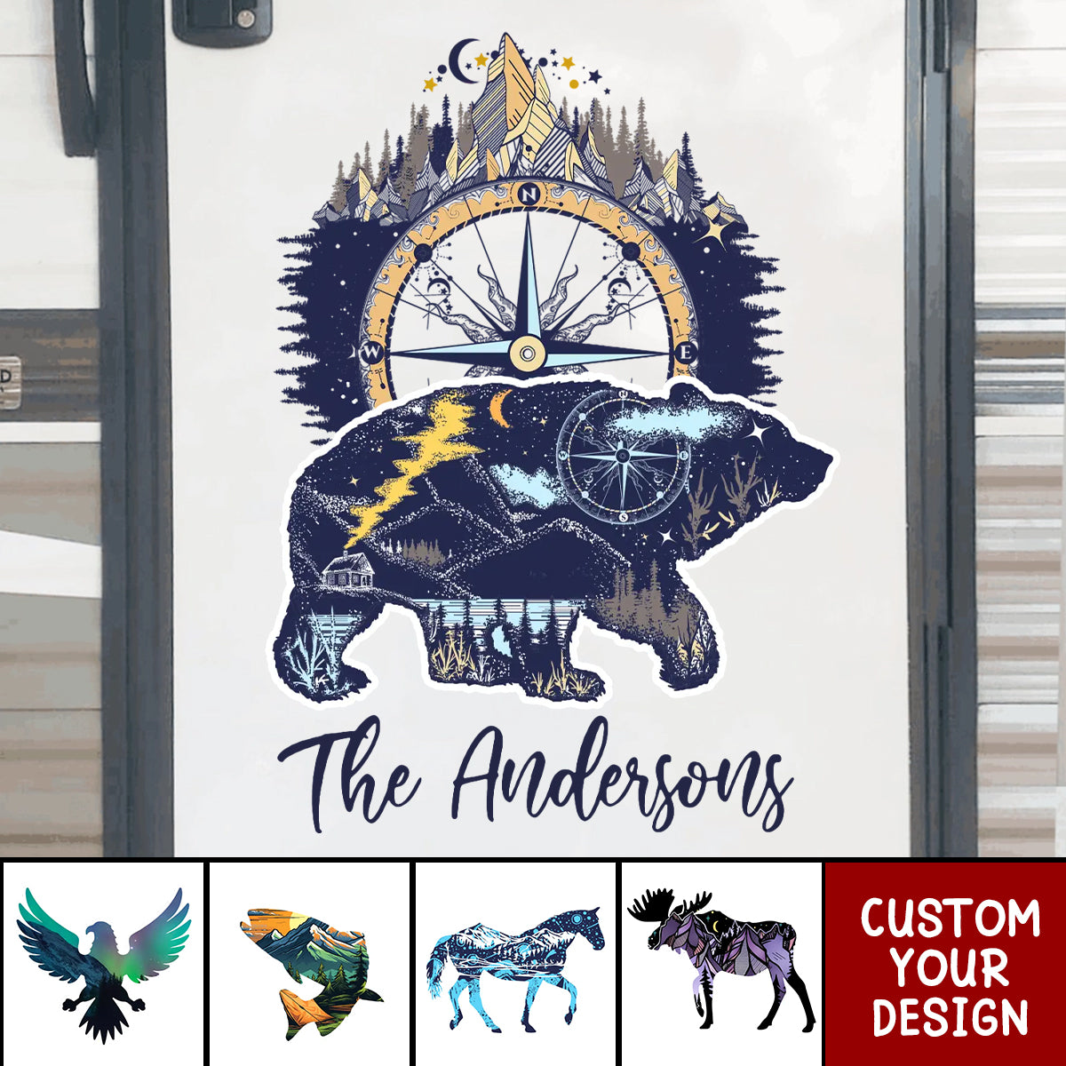 Camping Bear And Mountains - Personalized Decal, Gift For Camping Lovers