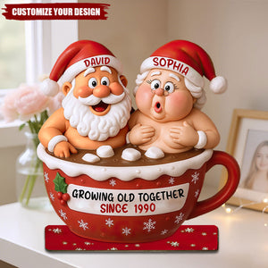Growing Old Together Santa Claus In Hot Chocolate Cup, Personalized Couple Shaped Plaque