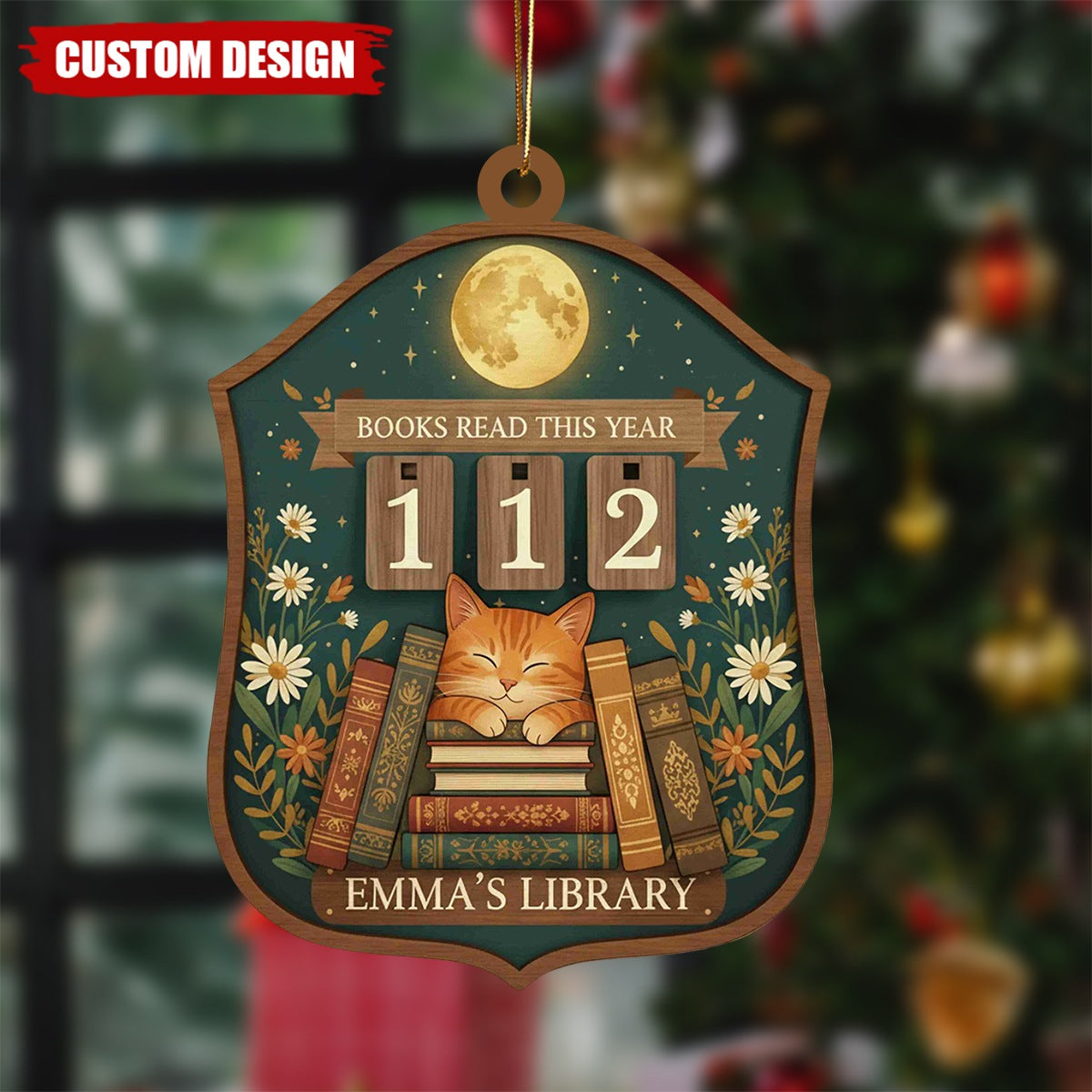 Personalized Cat Reading Christmas Ornament, Gift for Book Lovers and Readers