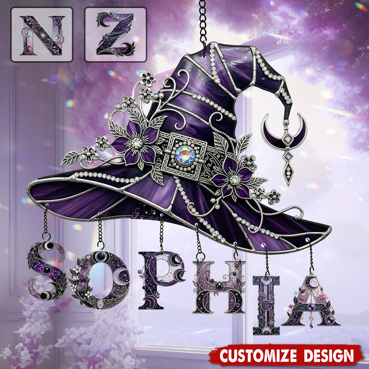 Floral With Hat - Personalized Witch Window Hanging Suncatcher With Custom Charms