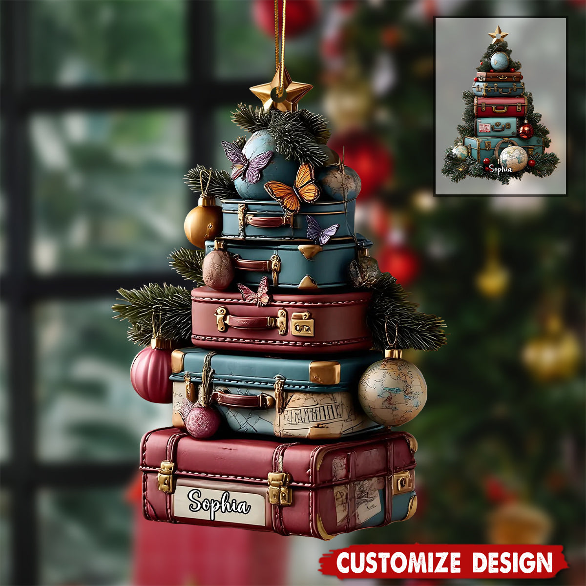 Personalized Travel Suitcase Christmas Ornament - Gift For Traveler