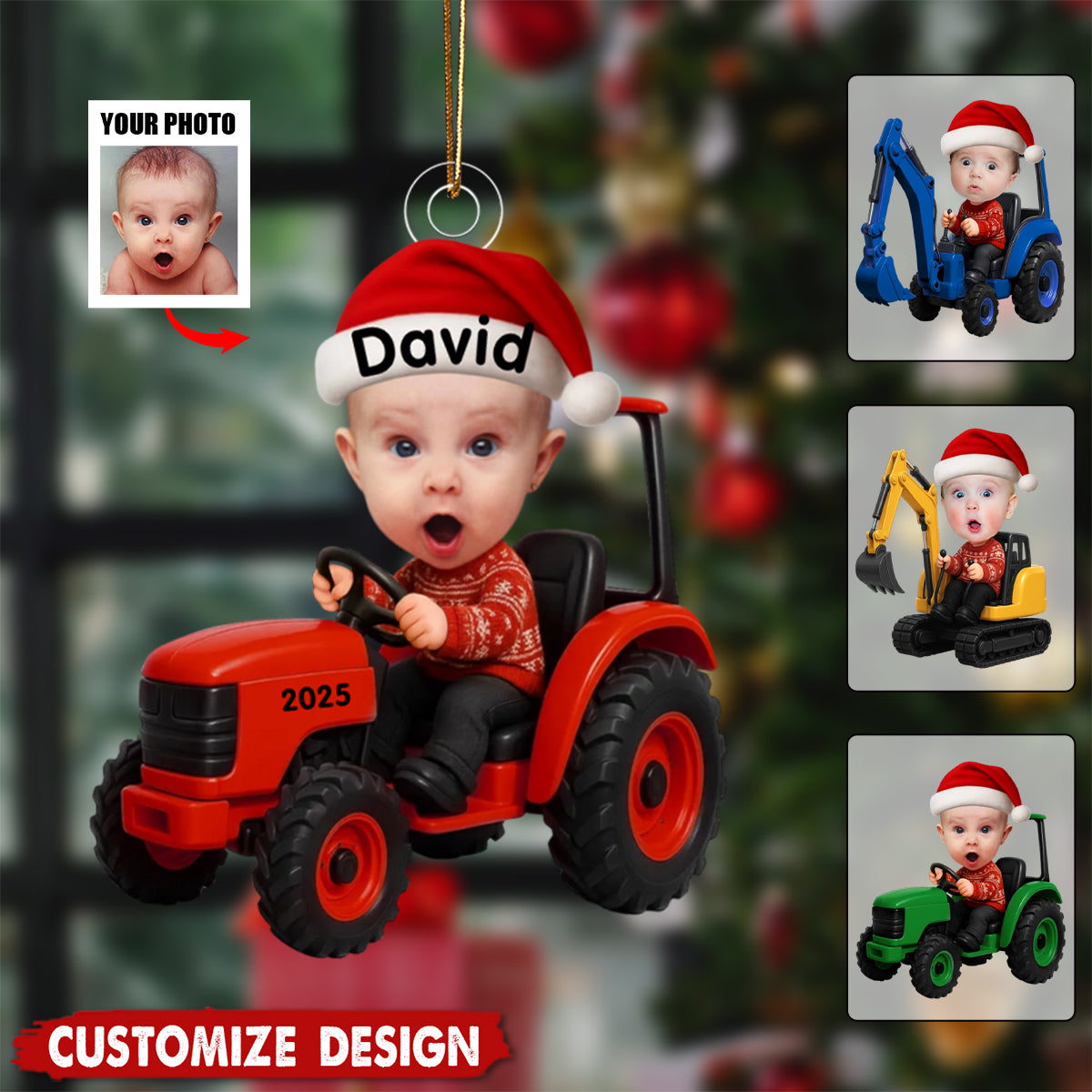 Kid With Construction Vehicle Excavator Backhoe Tractor - Personalized Photo Acrylic Ornament