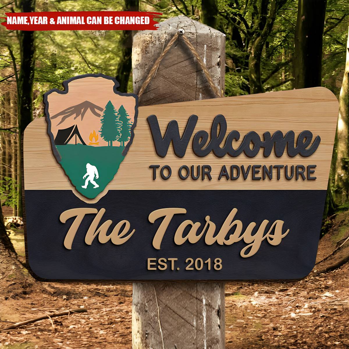 Welcome To Our Adventure Wooden Sign - Personalized 2 Layer Wooden Door Sign