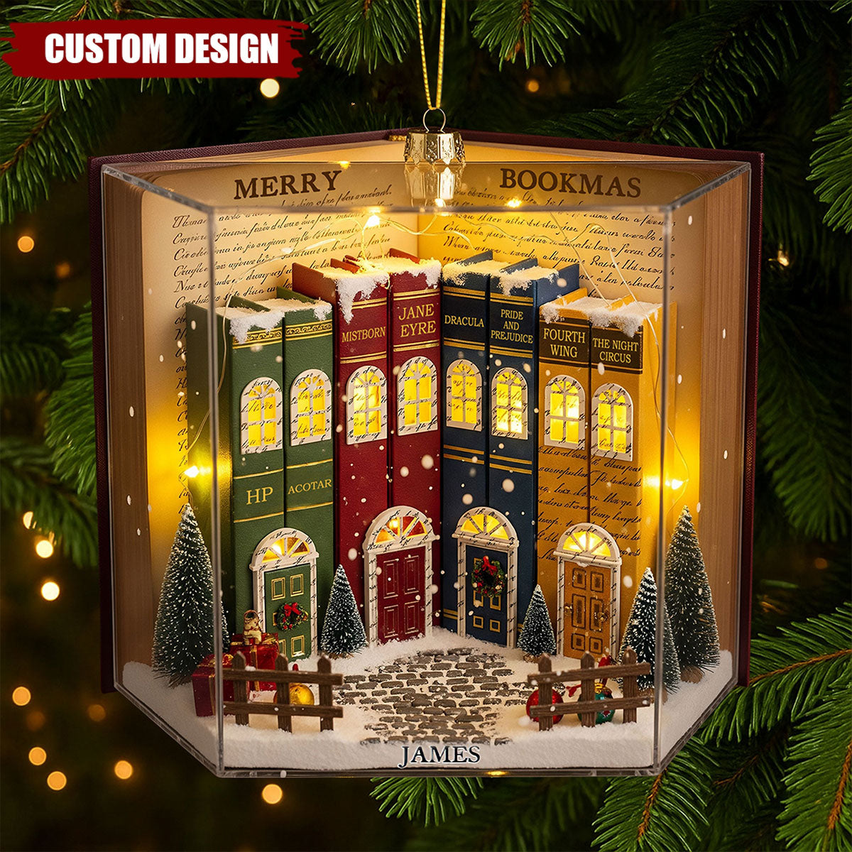 Book Town In A Jolly Christmas Night Acrylic Ornament, Personalized Gifts For Book Lovers
