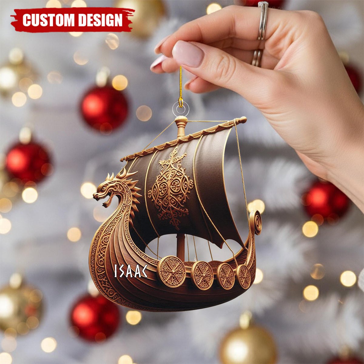 Viking Ship Ornament, Personalized Norse Longship Christmas Decoration, Nordic Mythology Gift