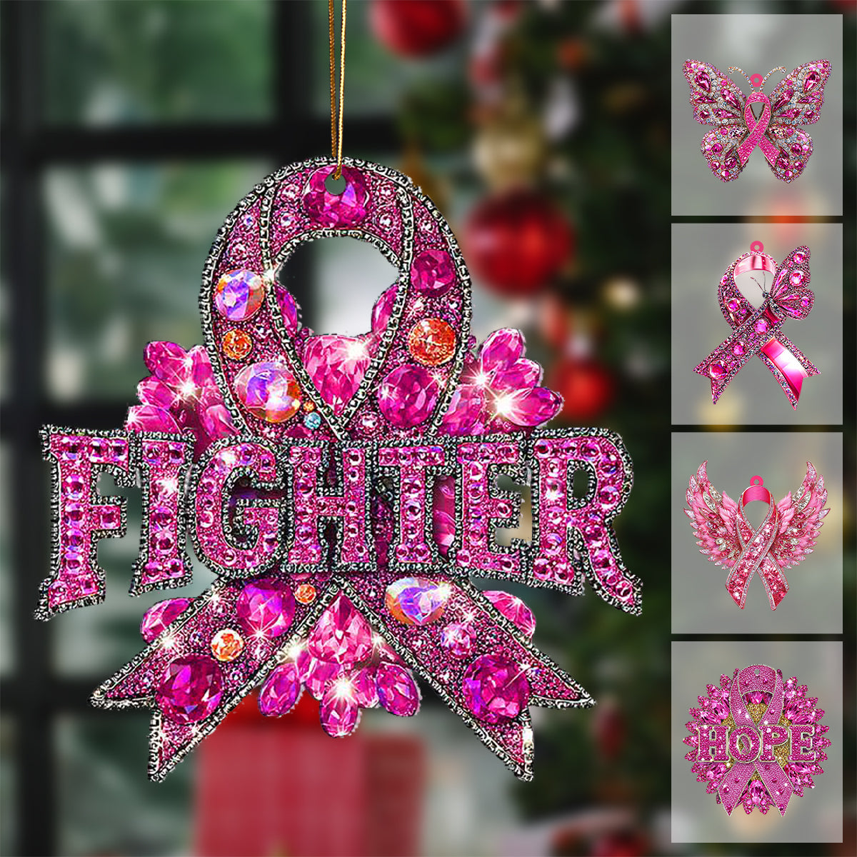 Pink Ribbon Wing Acrylic Ornament, Christmas Breast Cancer Ornament, Breast Cancer Fighter Ornament, Breast Cancer Survivor Decor