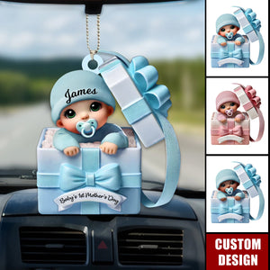 Baby Inside Gift Box Personalized Acrylic Car Ornament - Baby's First Mother's Day Gift