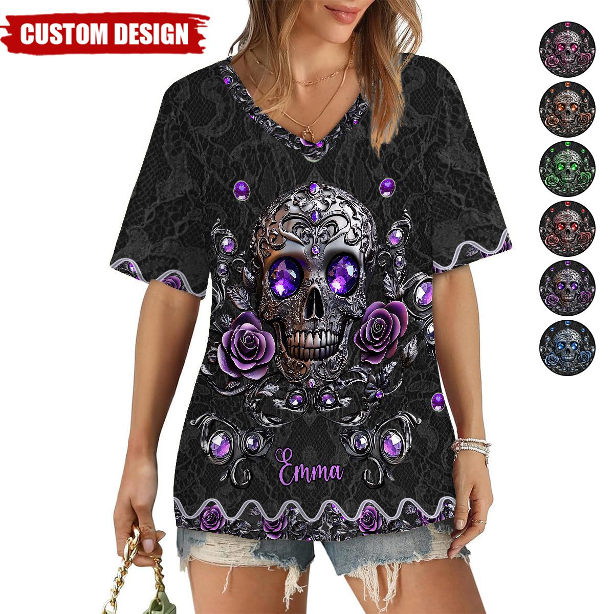 Beautiful Skull And Roses - Personalized Skull Fully Printed V-Neck T-Shirt