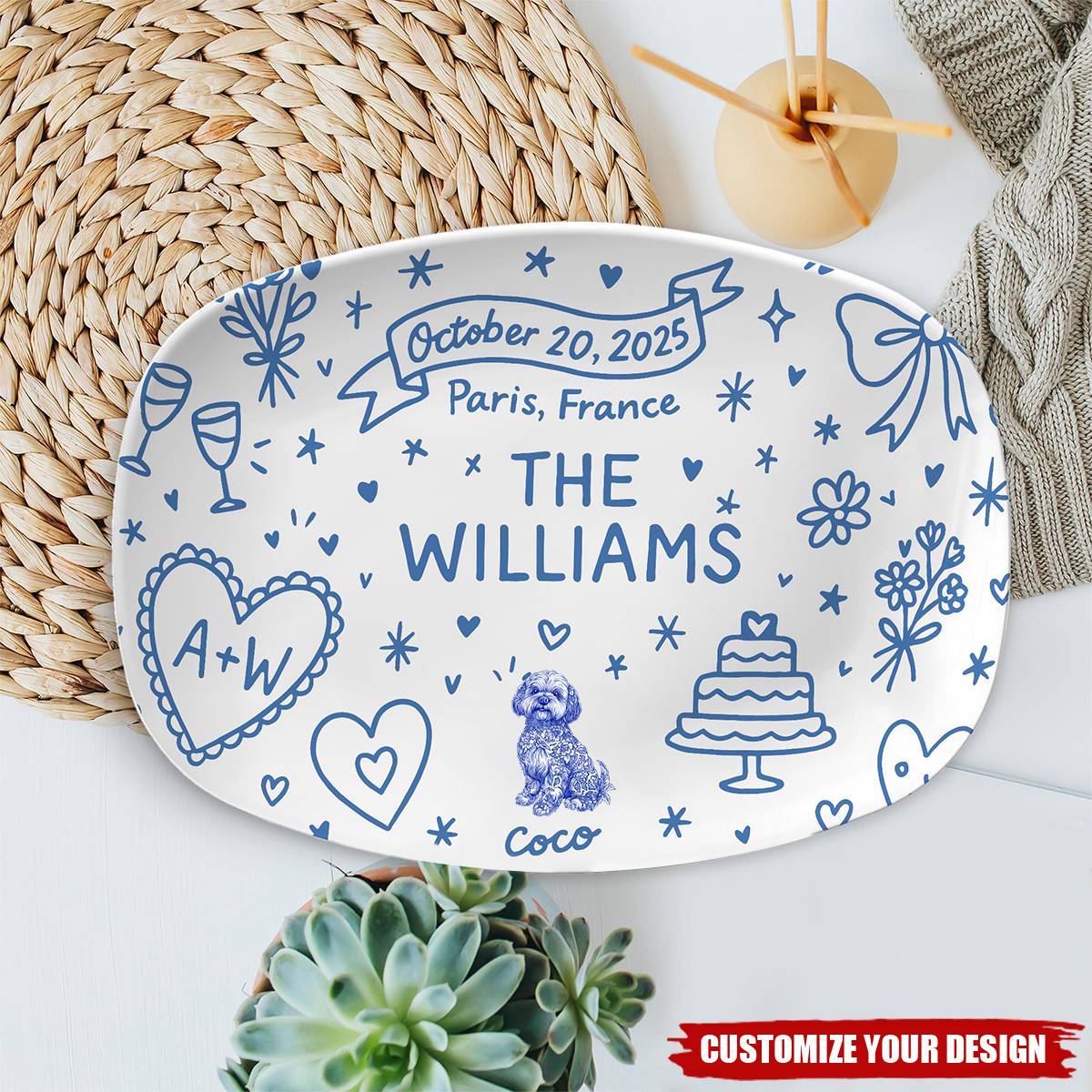Custom Wedding Platter – Personalized Couple Gift with Names, Dog, Date & Location