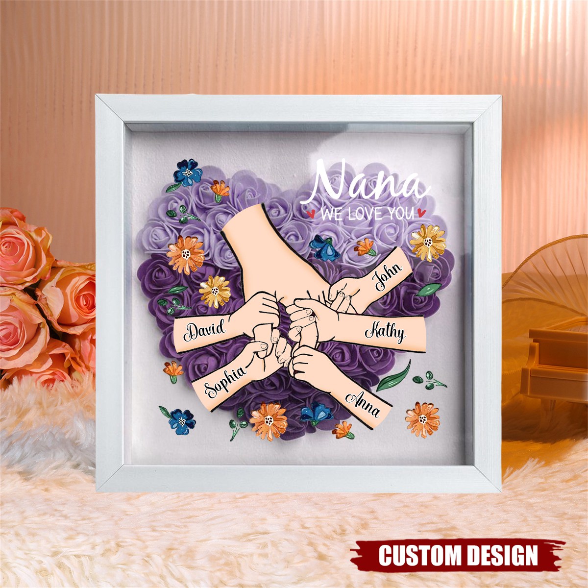 Grandma We Love You - Personalized Flower Shadow Box With Name, Mother's Day Gift