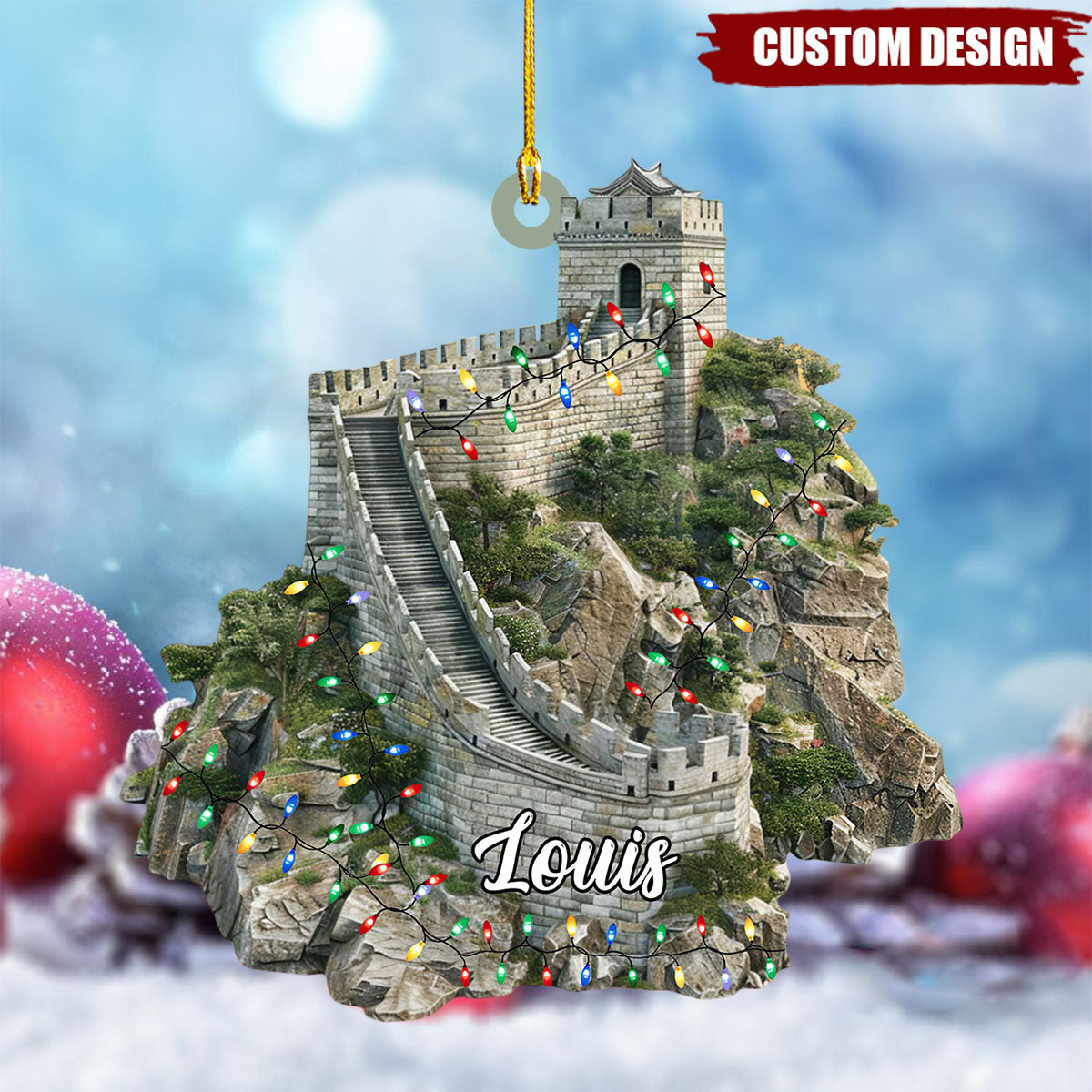 Custom Name Great Wall of China With Christmas Lights Personalized Ornament, Christmas Tree Hanging Decor, Christmas Ornament, Flat Ornament