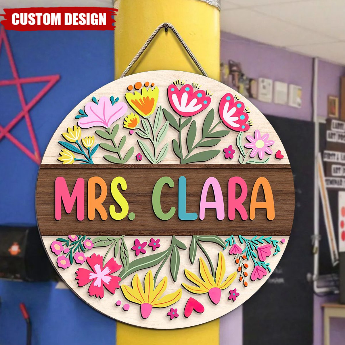Teacher Flower Pattern - Personalized Shaped Wood Sign, Back To School Gift