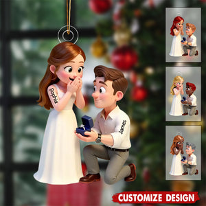 Personalized Cute Cartoon Couple Proposal Christmas Acrylic Ornament - Gift For Couple