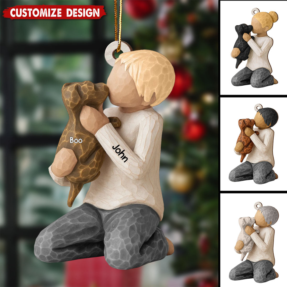 Personalized Boy Girl Hugging Dog Wooden Christmas Ornament - Gift For Dog Lovers