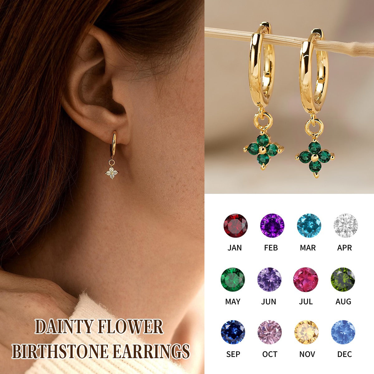 Dainty Flower Birthstone Huggies Earrings, Birthstone Dangle Hoop Earrings for Women, Everyday Hoops Earrings for Mom