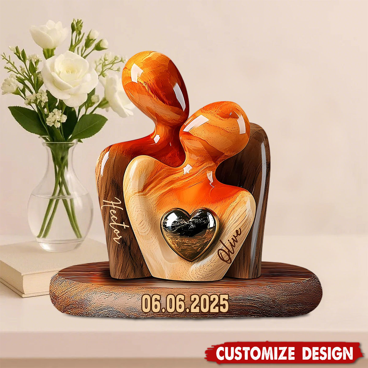 Elegant Couple Statue with Heart Inlay - Personalized Couple Acrylic Plaque