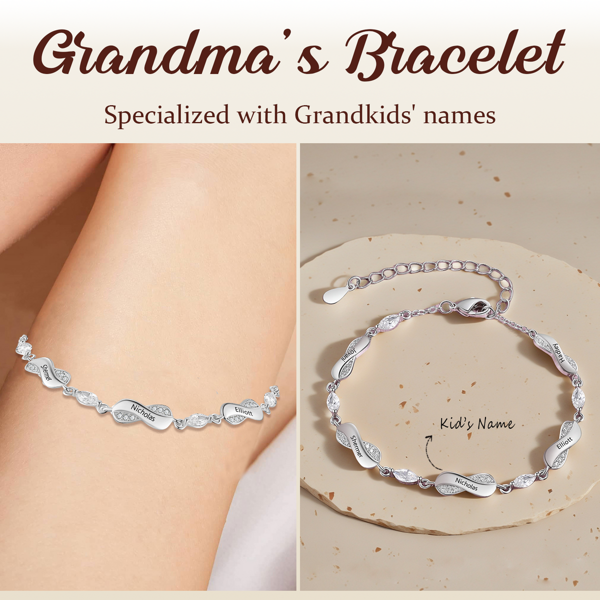 Infinity Love - Personalized Name Bracelet with Crystal Accents, GIft For Grandma, Mom