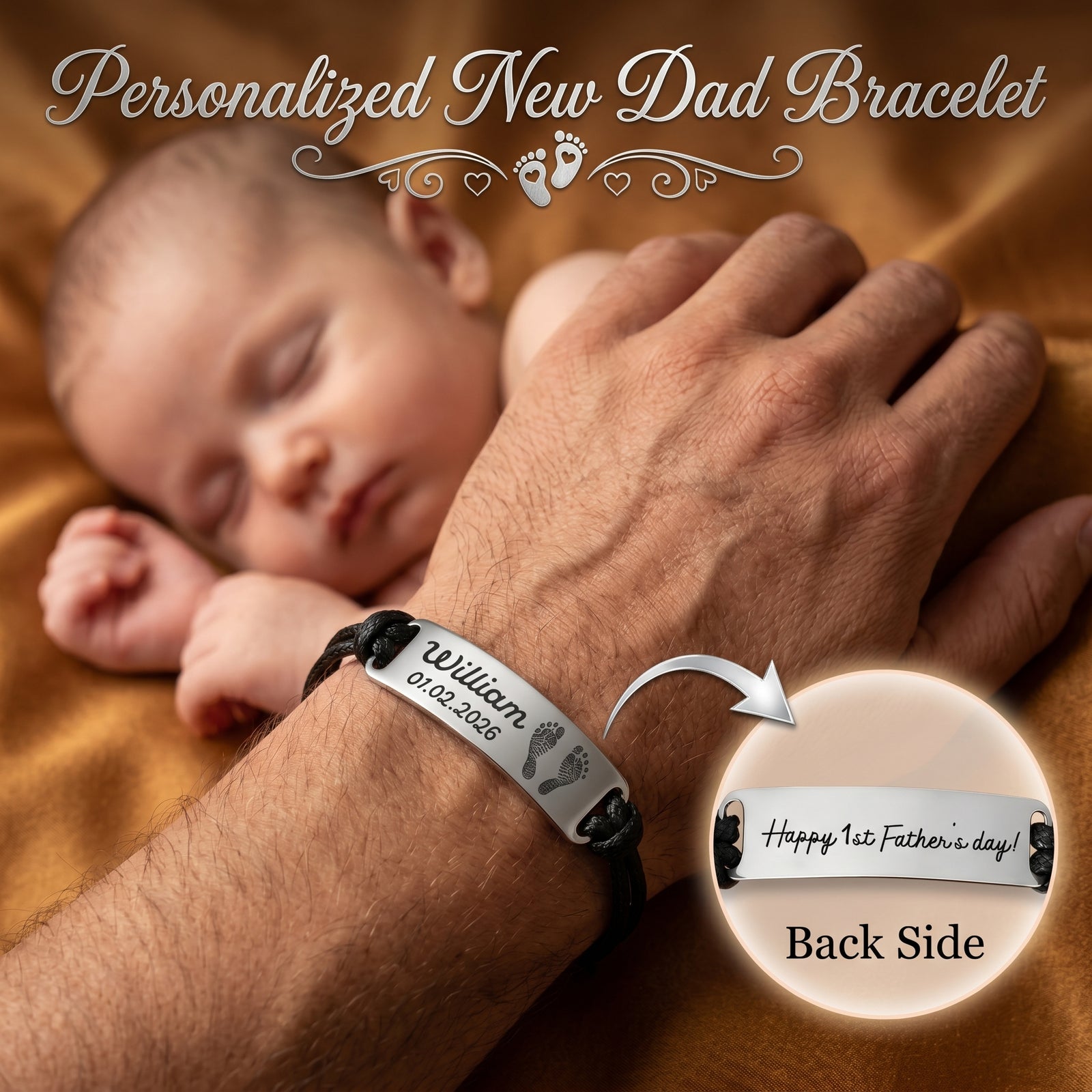 Custom Baby Footprint Bracelet - New Father Gift, Fathers Day Gift
