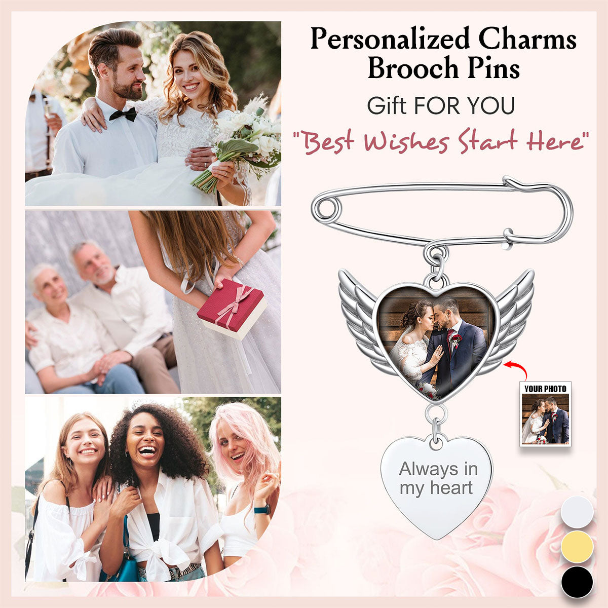 Personalized Angel Wing Wedding Bouquet Heart Picture Charms Brooch Pins