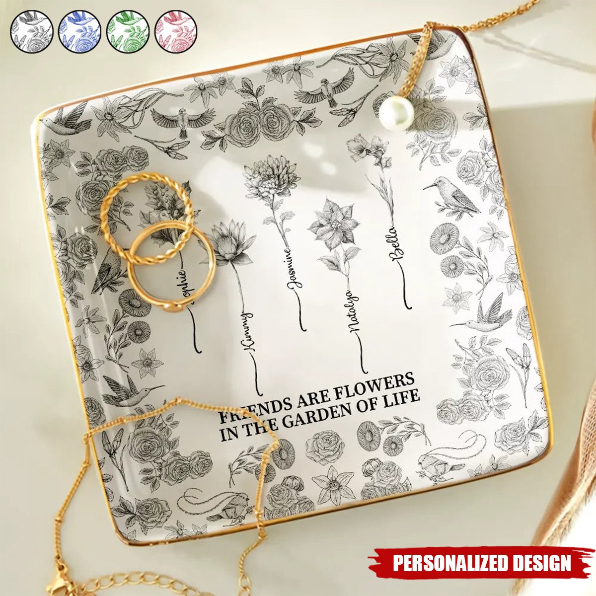 Toile De Jouy Birth Flower Grow An Old Friend - Personalized Ring Dish