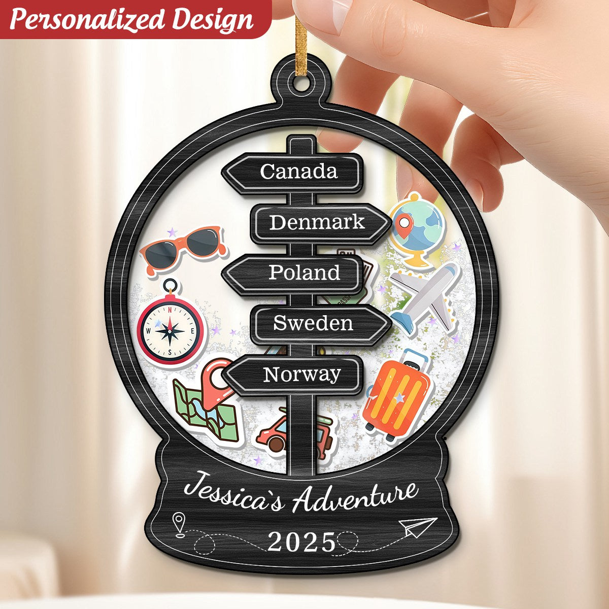 Personalized Travel Adventure Shaker Ornament, Travel Shaker Keepsake Ornament