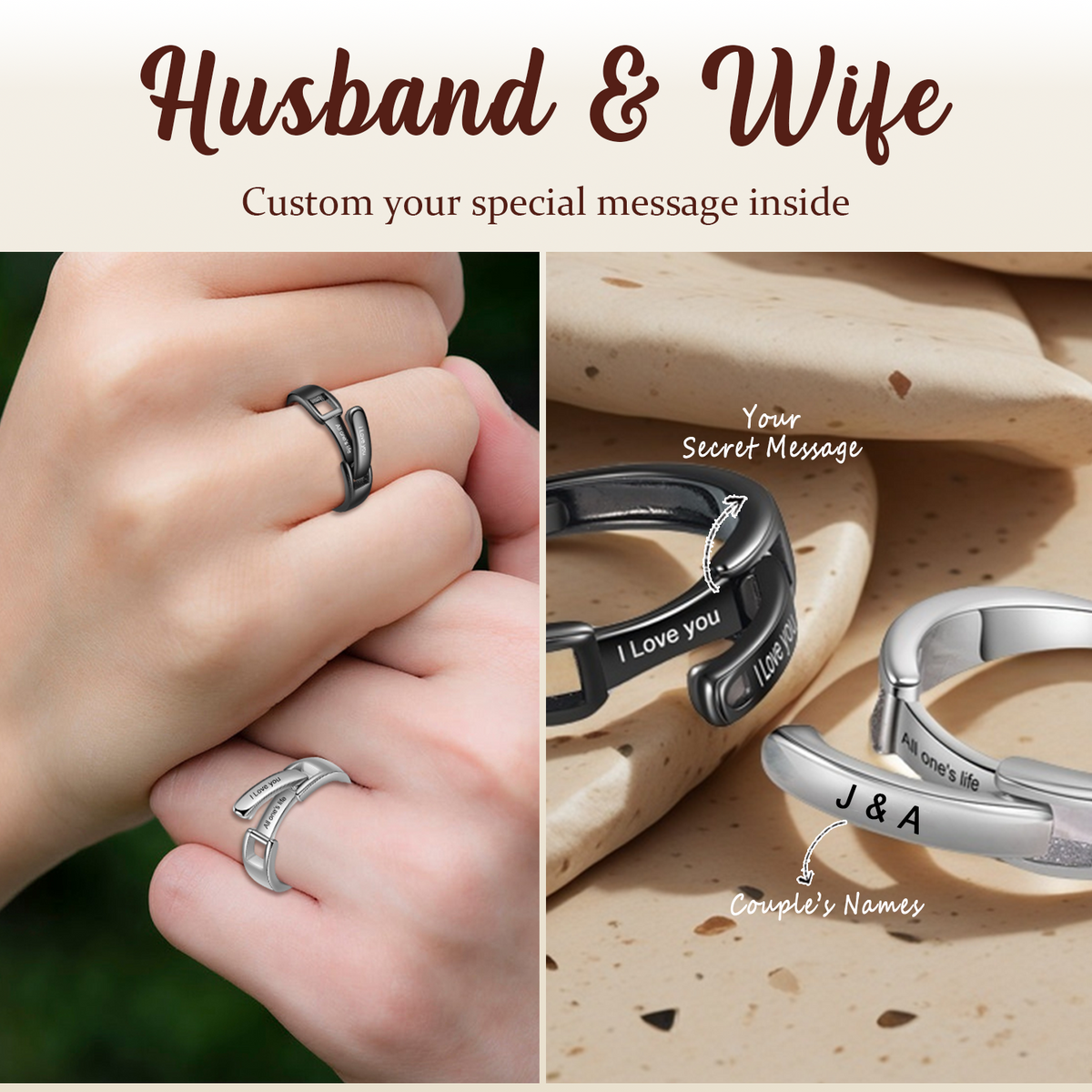 Personalized Matching Ring, Custom Secret Message Ring - Anniversary Gift for Couples