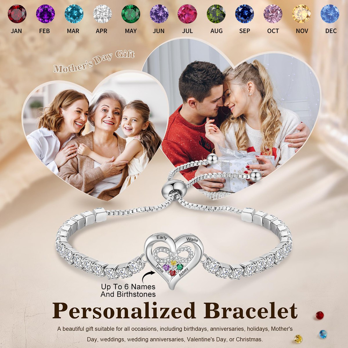 Personalized Birthstone Bracelets-Gift for Her Mom Wife